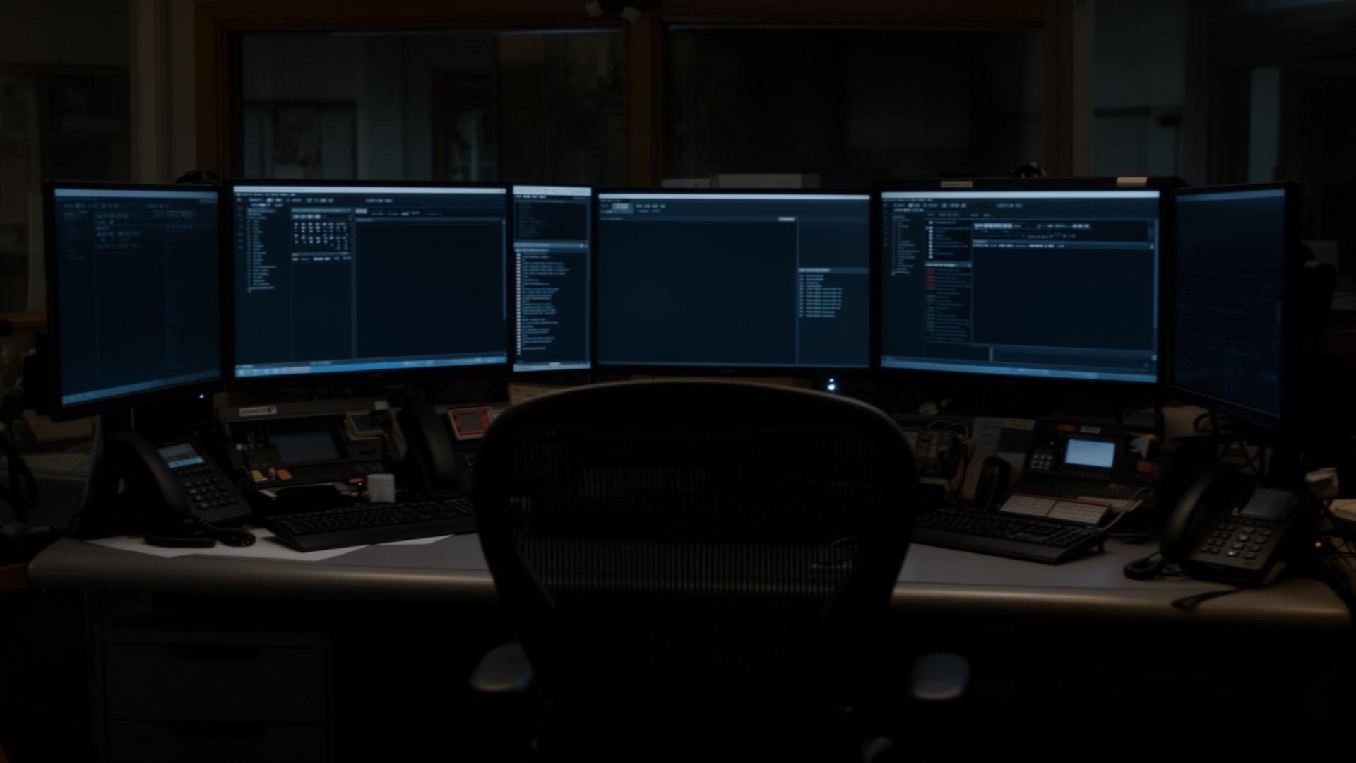 An empty 911 dispatch console at night